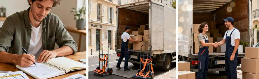 Triptyque illustrant processus mise en relation avec déménageurs professionnels à Marseille 3ème