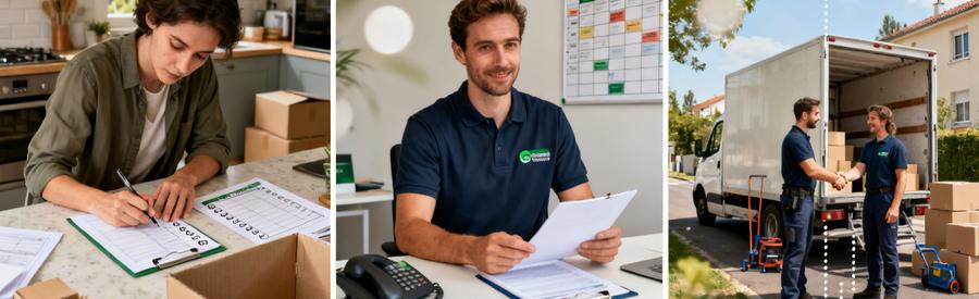 Trois étapes de mise en relation avec déménageurs : organisation inventaire, préparation offres, rencontre professionnels