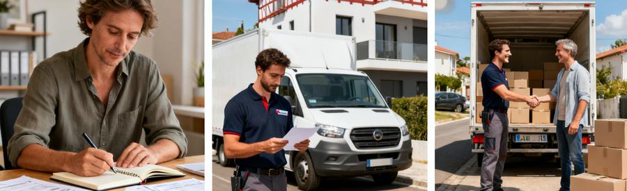 Triptyque illustrant le processus d'obtention d'offres de déménagement à Anglet du formulaire à la sélection