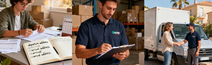 Processus Obtention Offres Demenagement Canet Roussillon Triptyque illustrant le processus d'obtention d'offres de déménagement à Canet-en-Roussillon en trois étapes