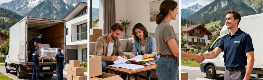 Processus Obtention Offres Demenagement Hautes Alpes Triptyque illustrant le processus d'obtention d'offres de déménagement dans les Hautes-Alpes avec professionnels