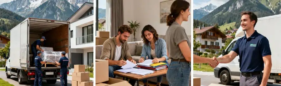 Processus Obtention Offres Demenagement Hautes Alpes Triptyque illustrant le processus d'obtention d'offres de déménagement dans les Hautes-Alpes avec professionnels
