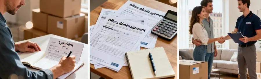 Processus Obtention Offres Demenagement Lyon 9 Triptyque illustrant les 3 étapes pour obtenir des offres de déménagement à Lyon 9ème simplement