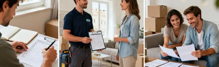 Triptyque illustrant les 3 étapes pour obtenir des offres de déménagement à Marseille : formulaire, réception, comparaison
