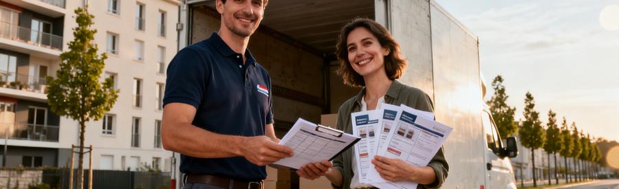 Déménageur remettant dossier d'offres détaillées à client satisfait devant immeuble résidentiel à Auxerre