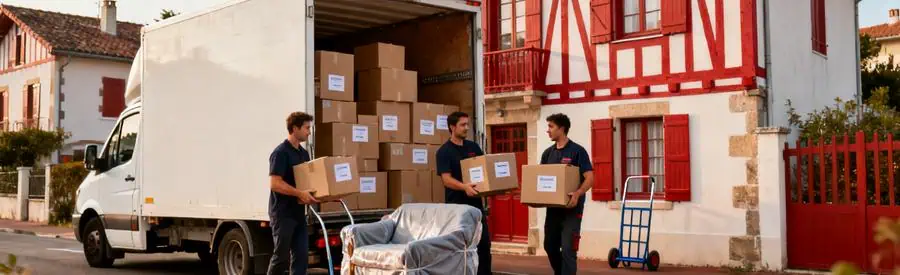 Services Demenagement Professionnels Saint Jean De Luz Déménageurs chargeant camion avec équipements variés devant maison basque à Saint-Jean-de-Luz