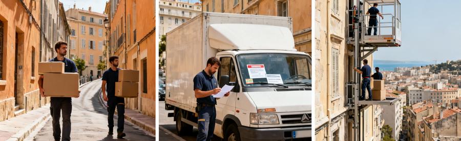 Trois situations typiques du déménagement à Marseille : rues en pente, autorisation stationnement, monte-meubles