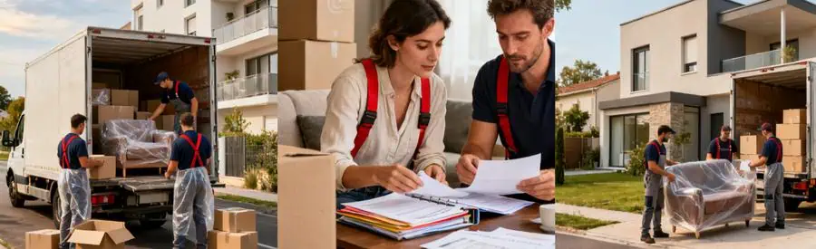 Tarifs Demenagement Montauban Volume Distance Trois scènes illustrant différentes prestations de déménagement à Montauban selon volume et distance du trajet