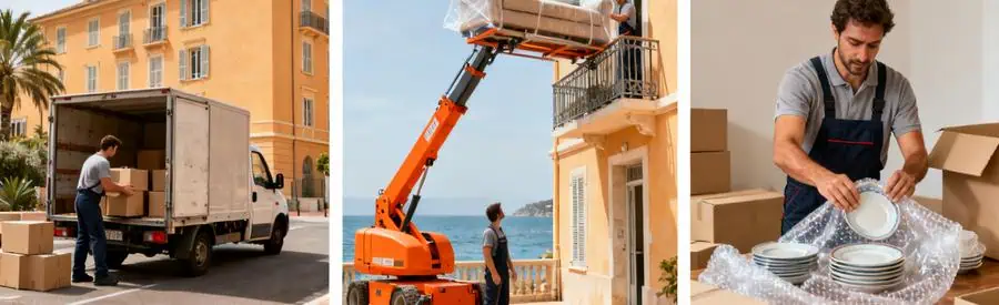 Trois prestations de déménagement à Nice : chargement camion, monte-meuble et emballage professionnel