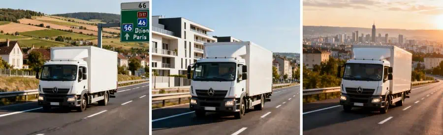 Camions de déménagement effectuant les trajets Auxerre-Paris, Auxerre-Dijon et Auxerre-Lyon sur autoroutes françaises