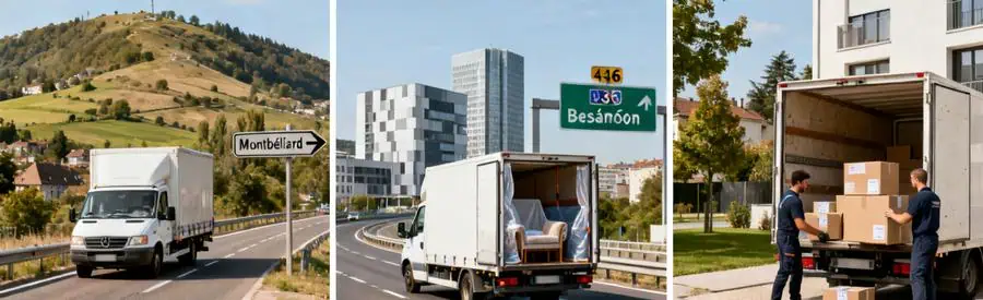 Trois scènes de déménagement montrant trajets depuis Belfort vers Montbéliard et Besançon avec camions professionnels
