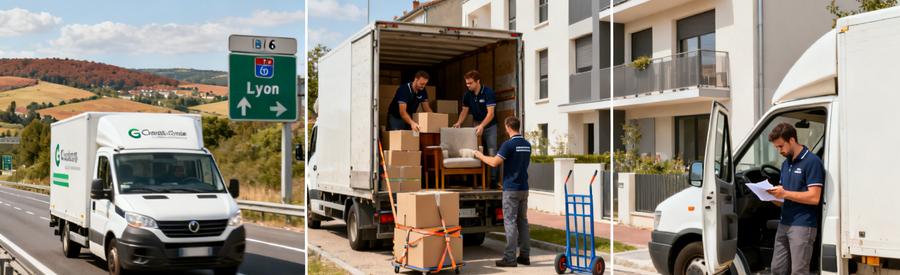 Triptyque illustrant trajets de déménagement régionaux depuis Chalon-sur-Saône vers Lyon et Dijon en camion