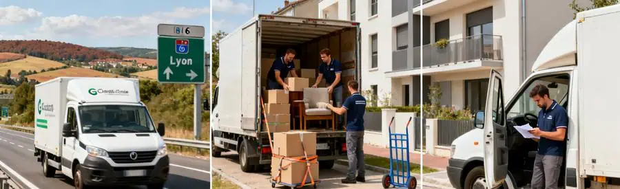 Triptyque illustrant trajets de déménagement régionaux depuis Chalon-sur-Saône vers Lyon et Dijon en camion