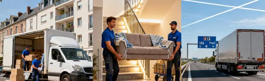 Trajets Demenagement Sotteville Rouen Paris Distances Trois étapes d'un déménagement depuis Sotteville-lès-Rouen : chargement local, transport et trajet longue distance