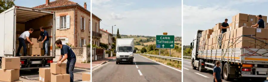 Trois scènes illustrant déménagements courte, moyenne et longue distance depuis Albi dans le Tarn
