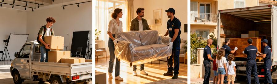 Trois niveaux de services de déménagement à Marseille selon volume : studio étudiant, appartement couple, maison familiale