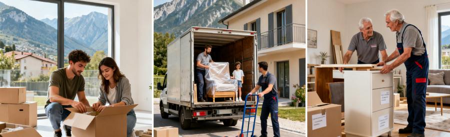 Types Demenagement Hautes Alpes Studio Maison Senior Triptyque illustrant différents types de déménagement dans les Hautes-Alpes : studio, maison familiale et senior