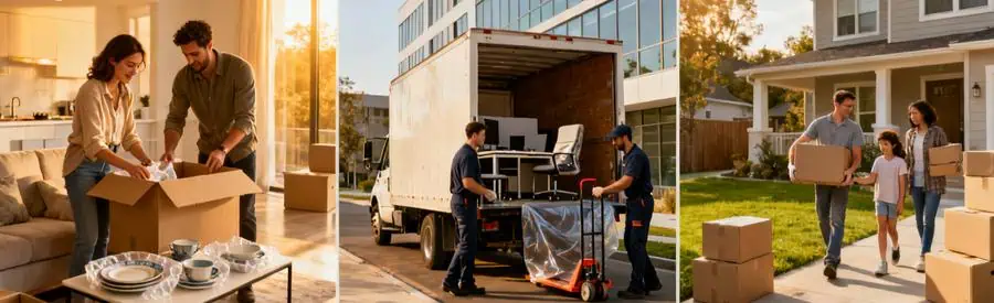 Types Demenagement Particuliers Professionnels Saint Priest Triptyque montrant déménagement particuliers en appartement, transfert bureau professionnel et installation maison familiale