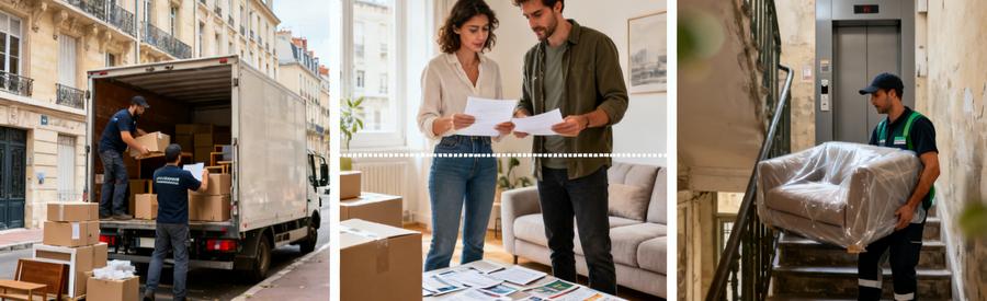 Triptyque illustrant les facteurs influençant les tarifs de déménagement dans le 8ème arrondissement de Lyon