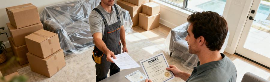 Déménageur présentant certificats qualité à client lors consultation déménagement Bayonne