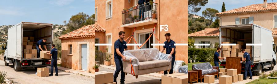 Trois types de déménagement à Carpentras : studio, appartement F3 et maison individuelle avec équipes professionnelles