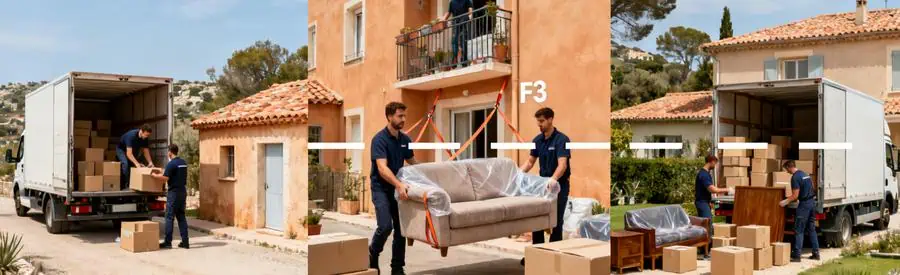 Trois types de déménagement à Carpentras : studio, appartement F3 et maison individuelle avec équipes professionnelles