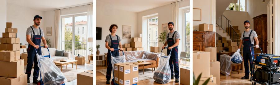 Comparaison visuelle de trois volumes de déménagement : studio, appartement T3 et maison familiale à Vaulx-en-Velin