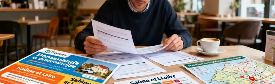 Personne examinant des offres de déménagement en Saône-et-Loire, documents organisés sur une table.