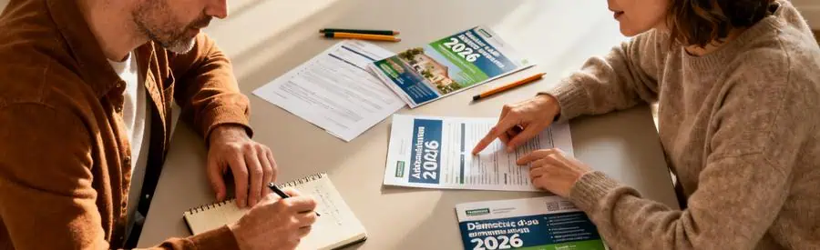 Personnes comparant des brochures sur les aides au déménagement en 2026, ambiance conviviale.