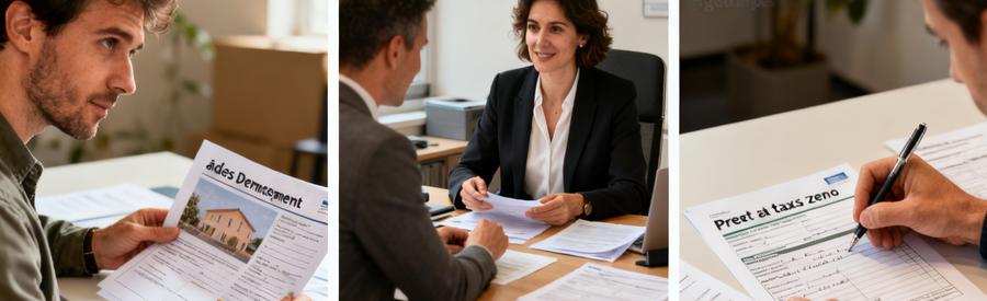 Illustration des dispositifs d'aide au déménagement pour salariés, montrant consultation et signature de prêts.