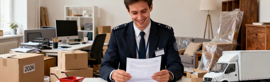 Agent de la fonction publique étudiant les aides au déménagement 2026 avec des cartons et mobilier autour.