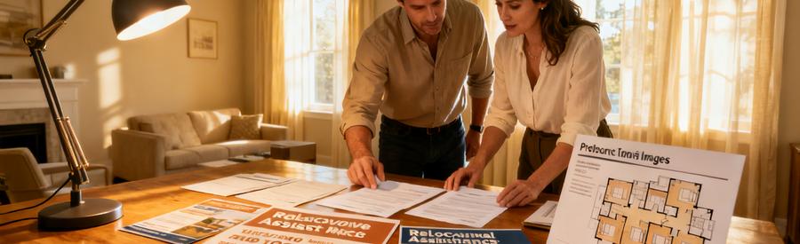 Personnes examinant des documents sur les aides au déménagement pour 2026, représentant soutien et organisation.