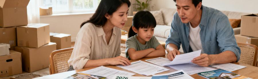 Famille examinant des documents sur les aides de déménagement, ambiance sereine et organisée.