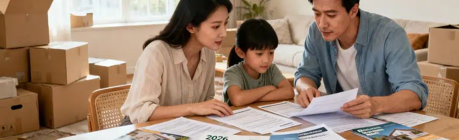 Famille examinant des documents sur les aides de déménagement, ambiance sereine et organisée.