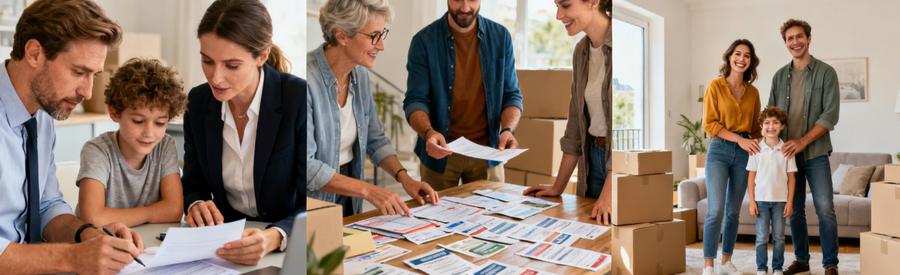 Famille et professionnel examinant des aides au déménagement en Seine-Maritime, ambiance positive.