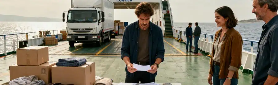 Personne planifiant un déménagement en Corse avec des documents et un camion sur ferry en arrière-plan.