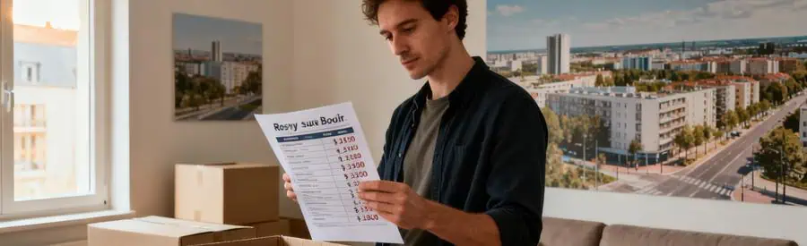 Personne examinant une liste de prix pour un déménagement à Rosny-sous-Bois, cartons vides autour.