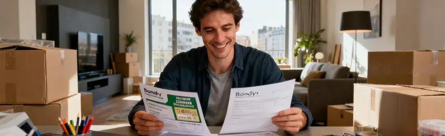 Personne comparant plusieurs offres de déménageurs dans un appartement moderne à Bondy.