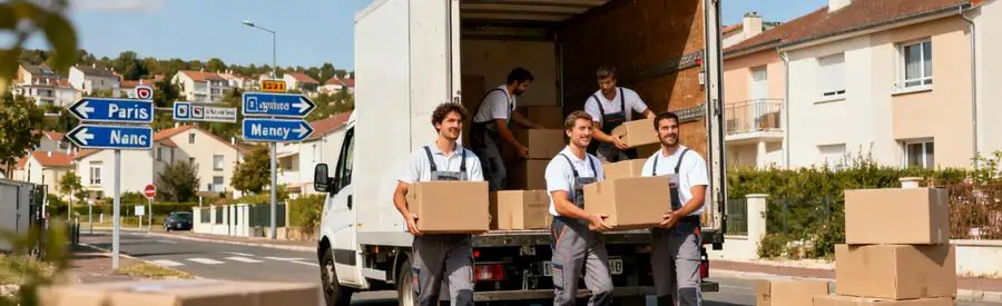 Chargement Camion Deménagement Montigny Les Metz Équipe de déménageurs chargeant des cartons dans un camion à Montigny-lès-Metz pour un déménagement vers différentes destinations.
