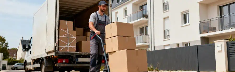 Déménageur chargeant cartons variés dans camion, immeuble résidentiel Sarthe en arrière-plan