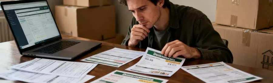 Personne comparant des offres de déménagement sur une table avec des cartons en arrière-plan.