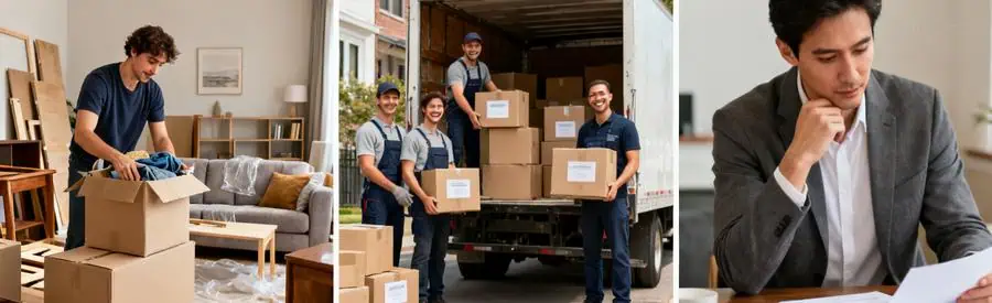 Triptyque illustrant le choix de la formule de déménagement en Eure-et-Loir avec emballage, chargement et consultation d'options.