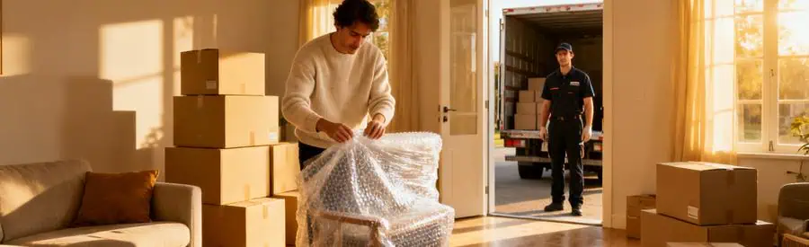 Personne emballant ses affaires dans des cartons pour un déménagement dans le Loiret avec aide professionnelle.