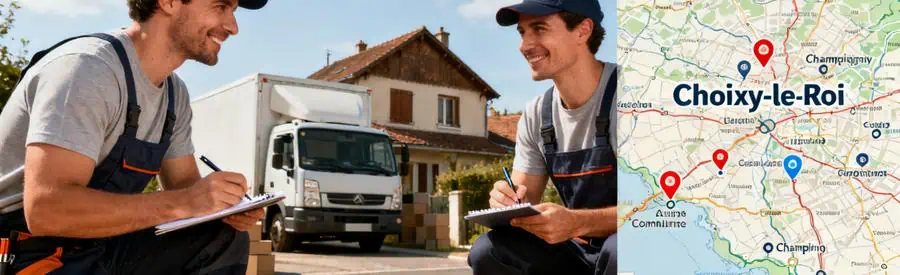 Déménageurs en conversation autour d'une carte des communes de Choisy-le-Roi et environs, illustrant les services locaux.