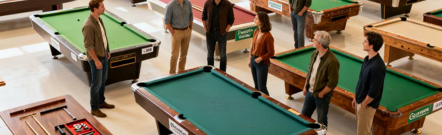 Comment Demenager Billard Types Poids Personnes examinant différents types de billards avec indications de poids, pour déménagement sécurisé.