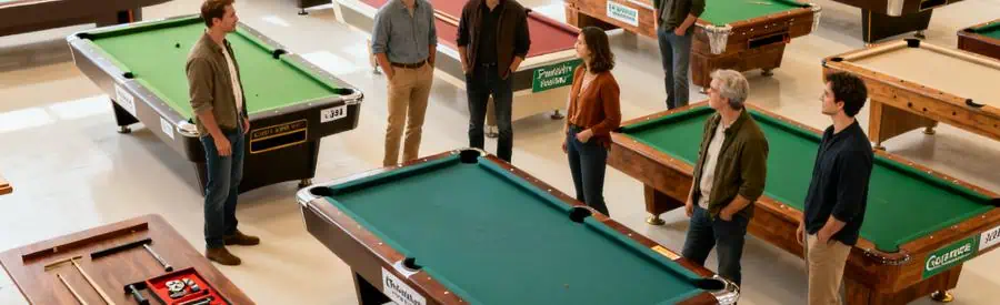 Personnes examinant différents types de billards avec indications de poids, pour déménagement sécurisé.