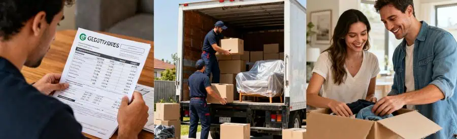 Comparaison Formules Demenagement Agen Comparaison de différentes formules de déménagement à Agen avec des personnages en action dans diverses scènes.