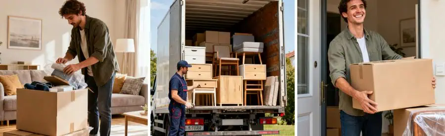 Illustration des différentes formules de déménagement à Angoulême : emballage, chargement, livraison.