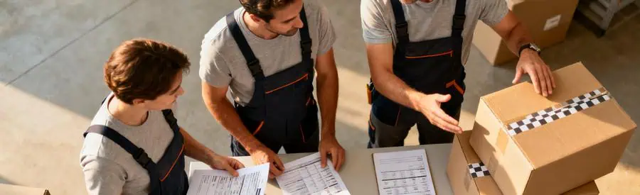 Trois déménageurs à Châteauroux comparant des formules économiques de déménagement sur une table.