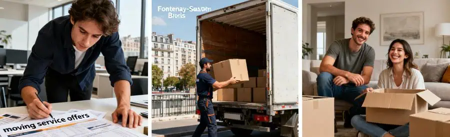 Trois scènes représentant la comparaison des formules de déménagement à Fontenay-sous-Bois.